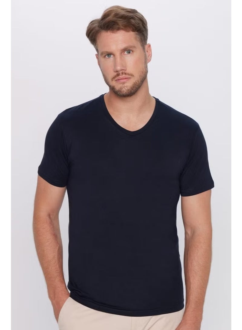 Tudors Men's Slim Fit Slim Cut 100% Cotton Soft Texture Navy Blue V Neck T-Shirt - Image 1