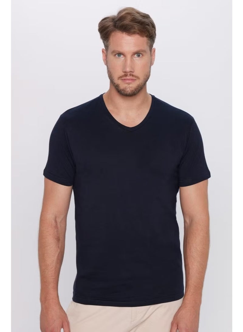 Tudors Men's Slim Fit Slim Cut 100% Cotton Soft Texture Navy Blue V Neck T-Shirt - Image 2