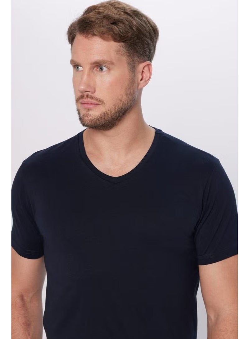Tudors Men's Slim Fit Slim Cut 100% Cotton Soft Texture Navy Blue V Neck T-Shirt - Image 3