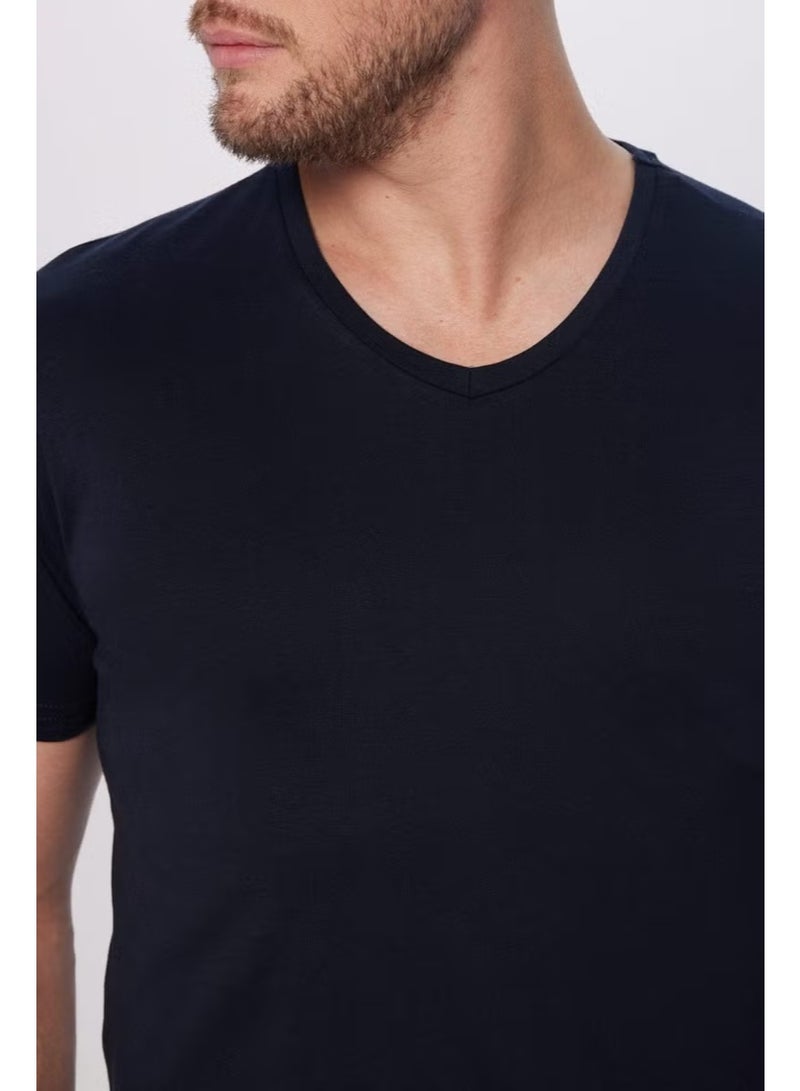 Tudors Men's Slim Fit Slim Cut 100% Cotton Soft Texture Navy Blue V Neck T-Shirt - Image 4