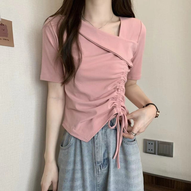 Women's Irregular Drawstring Short Sleeve T-Shirt - Image 4