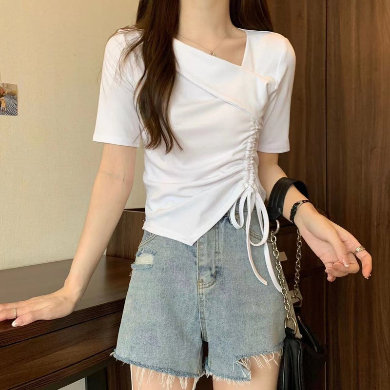 Women's Irregular Drawstring Short Sleeve T-Shirt - Image 2