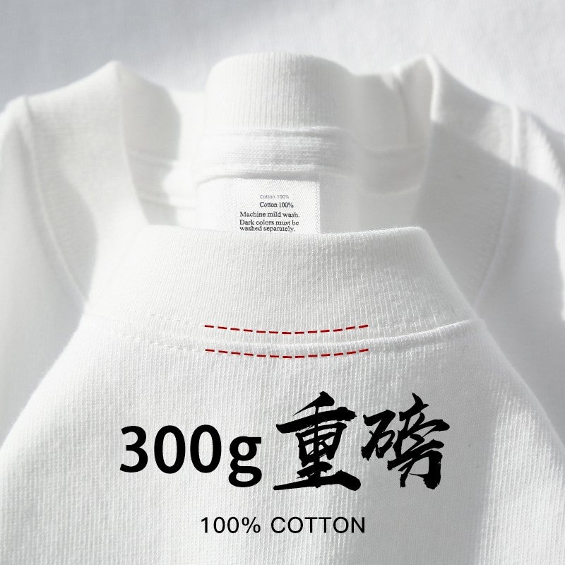 Military green 300g heavy cotton round neck short-sleeved T-shirt for men and women in summer loose retro casual solid color clothes - Image 3