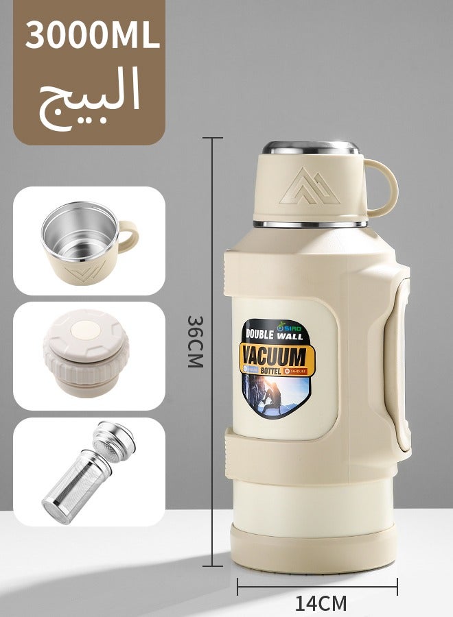 SIRO A Large-Capacity 3000ml Gray-White Thermos Bottle, with an Inner Tank Made of SUS316 Stainless Steel, Featuring Heat and Cold Retention Capabilities. It Is Equipped with a Separate Tea Compartment, Which Can Be Used to Brew Tea, Make Coffee, and Prepare Various Other Ingredients. The Thermos Has Foldable Double Handles—Compared with a Single Handle, It Offers a More Comfortable Grip. It Is Suitable for Multiple Scenarios Such as Outdoor Activities, Travel, In-Car Use, Fishing, Home Use, and Construction Sites, and Can Also Serve as a Hot Water Container. - Image 1