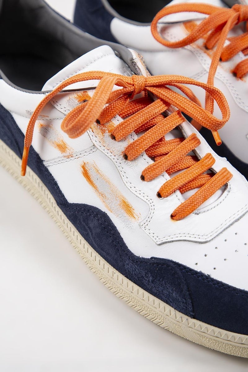 Krahe Artemis Men's Genuine Leather Hand-Painted Sneakers with Laces and Two Spare Laces, White and Light Blue. - Image 5