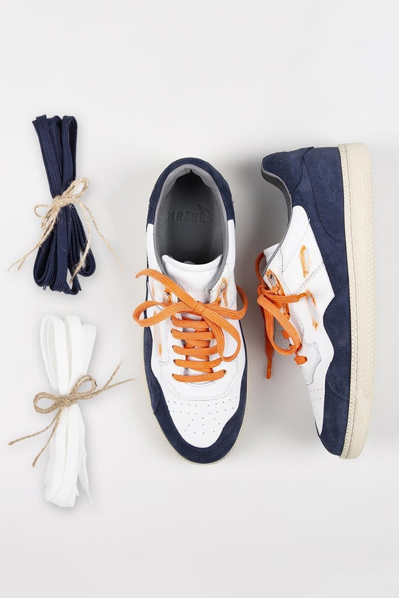 Krahe Artemis Men's Genuine Leather Hand-Painted Sneakers with Laces and Two Spare Laces, White and Light Blue. - Image 1