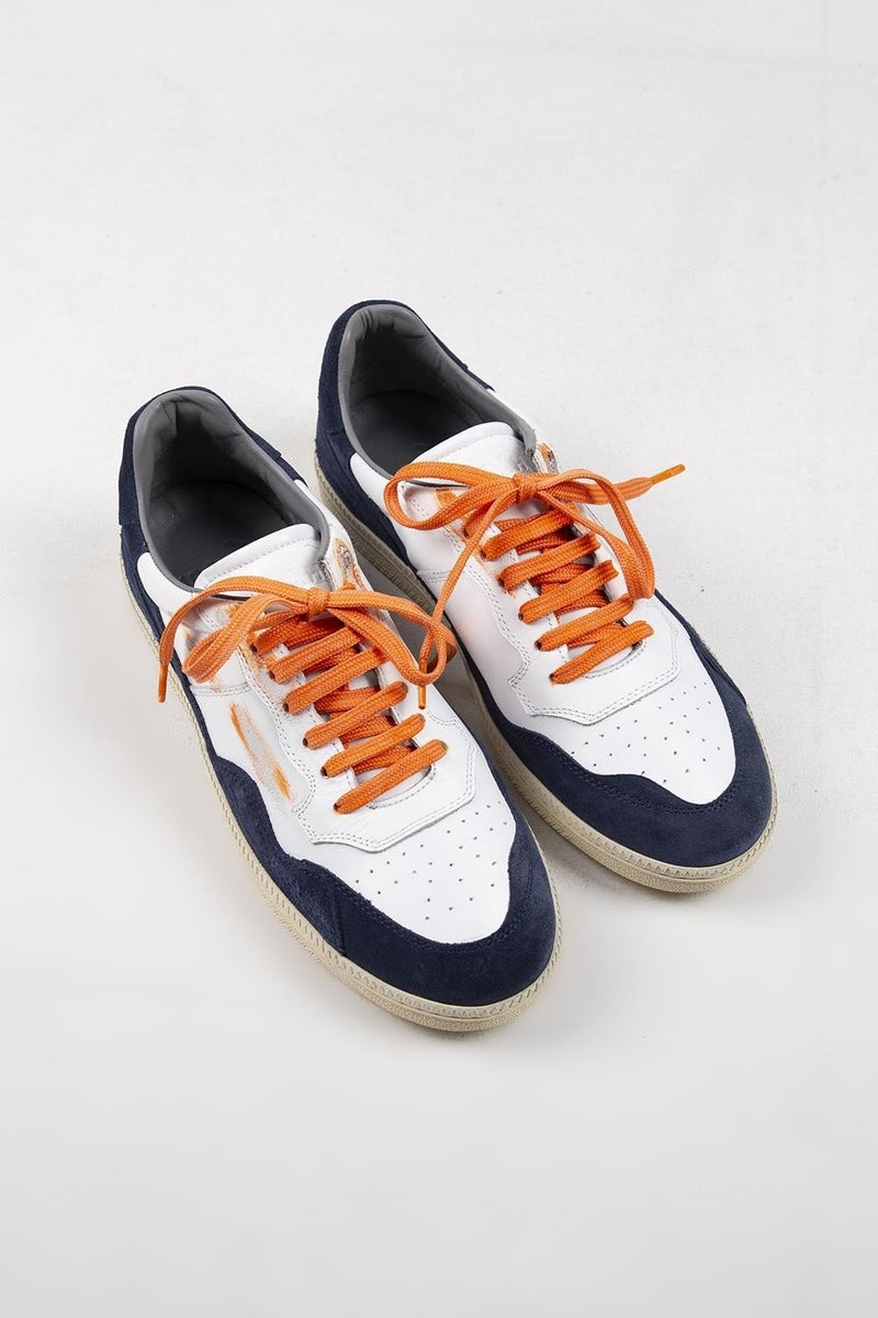 Krahe Artemis Men's Genuine Leather Hand-Painted Sneakers with Laces and Two Spare Laces, White and Light Blue. - Image 3