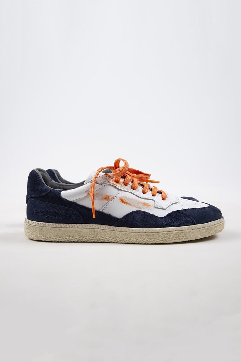 Krahe Artemis Men's Genuine Leather Hand-Painted Sneakers with Laces and Two Spare Laces, White and Light Blue. - Image 2