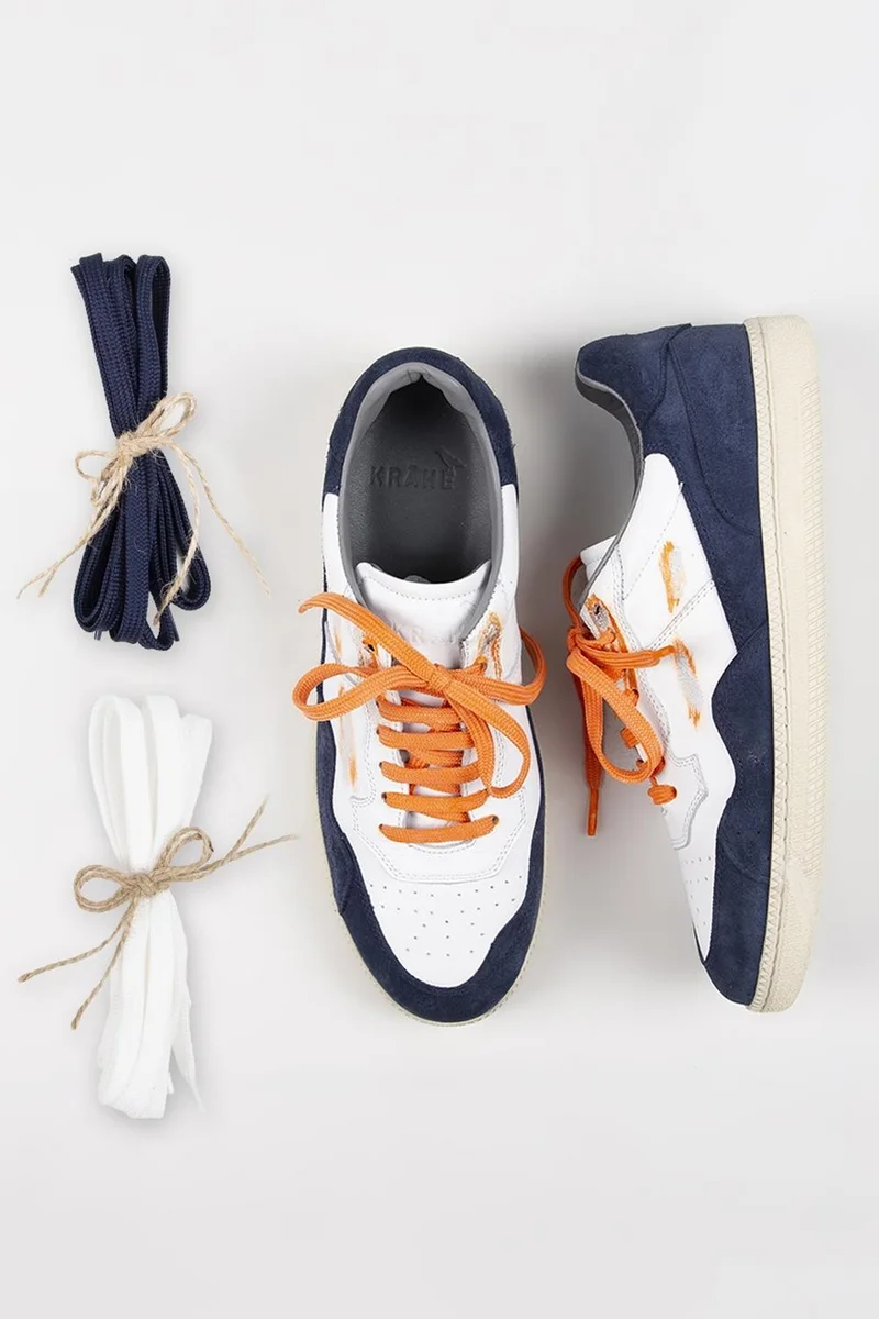 Krahe Krahe Artemis Men's Genuine Leather Hand-Painted Sneakers with Laces and Two Spare Laces, White and Light Blue.