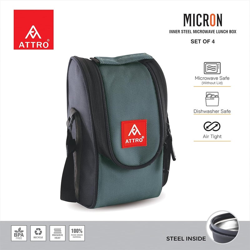 Attro Micron Stainless Steel Double Wall Lunch Box Airtight Leak Proof 4 Containers with Bag Fork Spoon for Office Use School Picnic 1040 ml Grey - Image 2