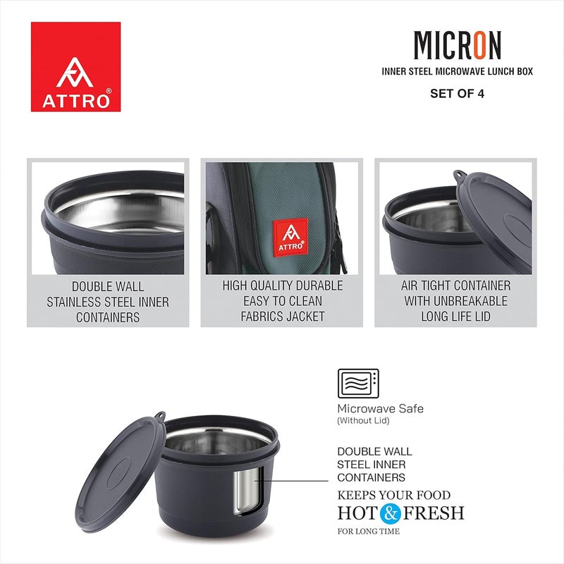 Attro Micron Stainless Steel Double Wall Lunch Box Airtight Leak Proof 4 Containers with Bag Fork Spoon for Office Use School Picnic 1040 ml Grey - Image 4
