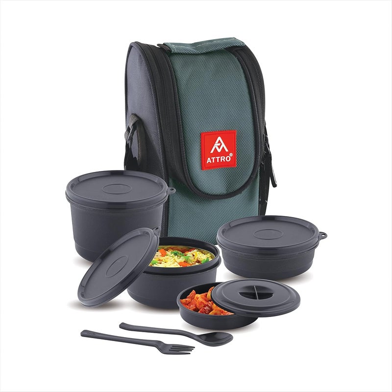 Attro Micron Stainless Steel Double Wall Lunch Box Airtight Leak Proof 4 Containers with Bag Fork Spoon for Office Use School Picnic 1040 ml Grey - Image 1