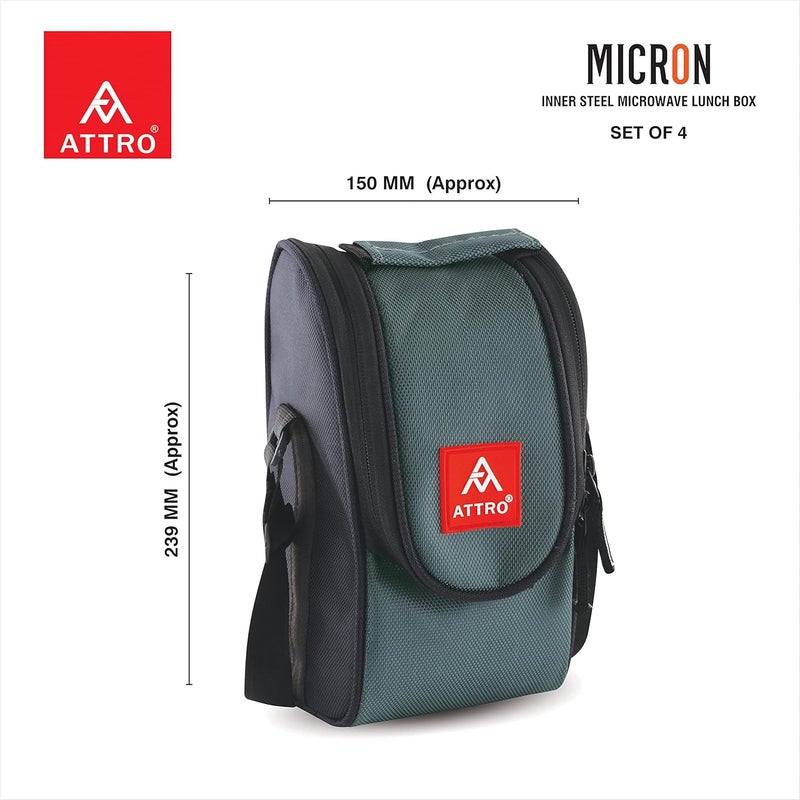 Attro Micron Stainless Steel Double Wall Lunch Box Airtight Leak Proof 4 Containers with Bag Fork Spoon for Office Use School Picnic 1040 ml Grey - Image 5