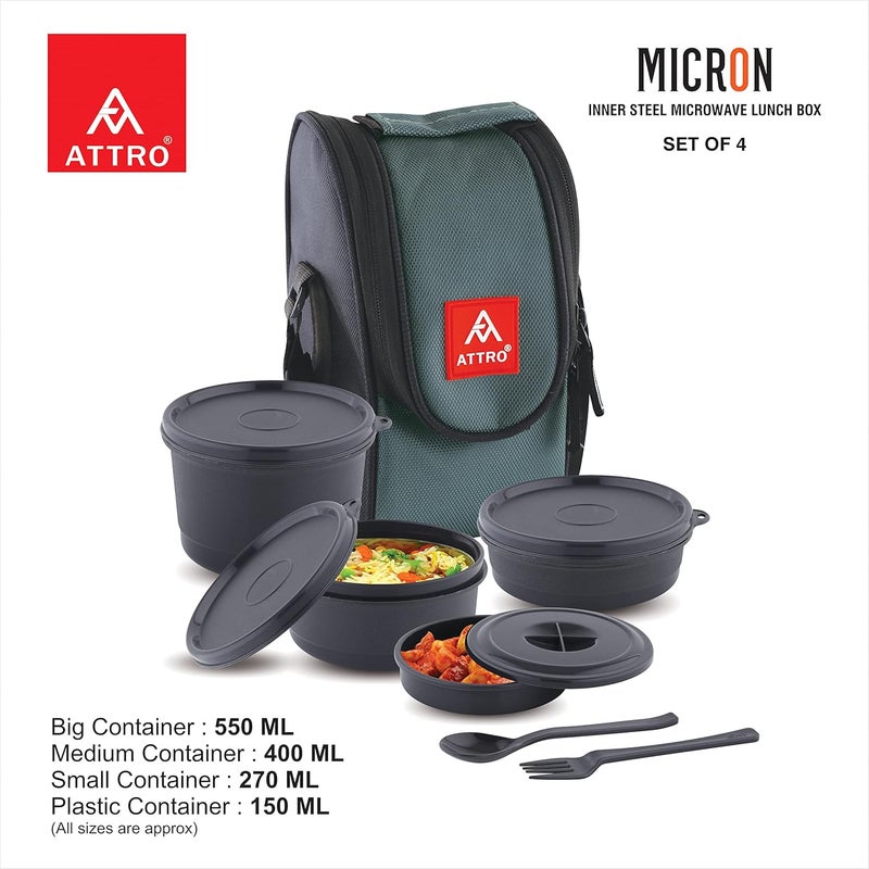 Attro Micron Stainless Steel Double Wall Lunch Box Airtight Leak Proof 4 Containers with Bag Fork Spoon for Office Use School Picnic 1040 ml Grey - Image 3