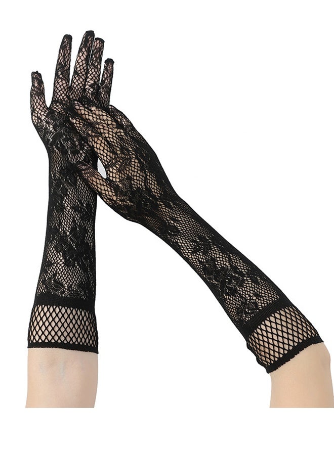 Happy D Women's lace gloves, elbow-length gloves, for parties, cosplay, wedding dinners, bridal ball gloves (black and white) - Image 4