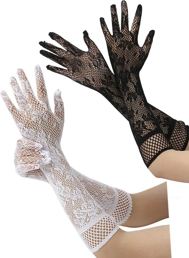 Happy D Women's lace gloves, elbow-length gloves, for parties, cosplay, wedding dinners, bridal ball gloves (black and white) - Image 1