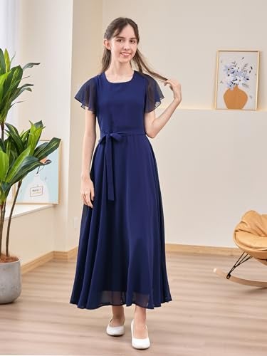 GORLYA Girls Scoop Neck Ruffle Sleeve Vintage Elegant Flowy Wedding Party Long Maxi Chiffon Dress 10-16Y(GOR1184,16Y,Navy) - Image 3