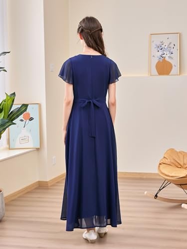 GORLYA Girls Scoop Neck Ruffle Sleeve Vintage Elegant Flowy Wedding Party Long Maxi Chiffon Dress 10-16Y(GOR1184,16Y,Navy) - Image 2