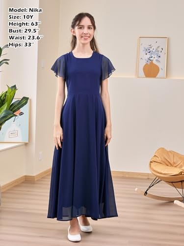 GORLYA Girls Scoop Neck Ruffle Sleeve Vintage Elegant Flowy Wedding Party Long Maxi Chiffon Dress 10-16Y(GOR1184,16Y,Navy) - Image 4