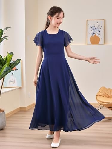 GORLYA Girls Scoop Neck Ruffle Sleeve Vintage Elegant Flowy Wedding Party Long Maxi Chiffon Dress 10-16Y(GOR1184,16Y,Navy) - Image 5