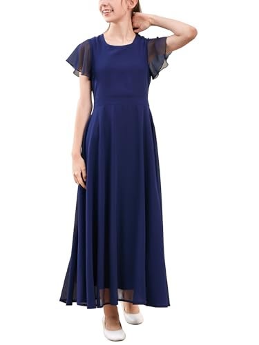 GORLYA Girls Scoop Neck Ruffle Sleeve Vintage Elegant Flowy Wedding Party Long Maxi Chiffon Dress 10-16Y(GOR1184,16Y,Navy) - Image 1