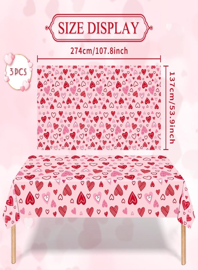 SpinLaLa 3-Pack 54 x 108 Inch Valentine's Day Plastic Tablecloth - Pink with Assorted Heart Designs, Disposable Romantic Love Themed Rectangle Table Cloth for Indoor Outdoor Table Cover Decorations - Image 2