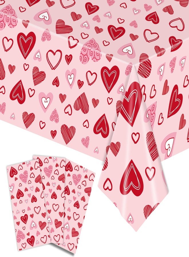 SpinLaLa 3-Pack 54 x 108 Inch Valentine's Day Plastic Tablecloth - Pink with Assorted Heart Designs, Disposable Romantic Love Themed Rectangle Table Cloth for Indoor Outdoor Table Cover Decorations - Image 1
