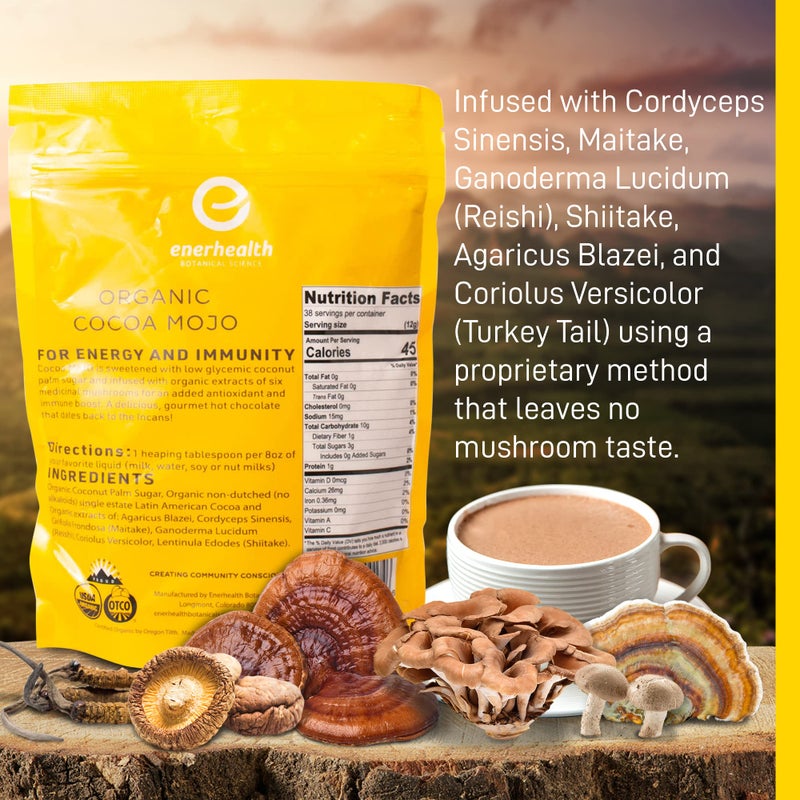 Enerhealth Botanicals Cocoa Mojo - Certified Organic Hot Chocolate Peruvian Cocoa Mix, Sweetened with Low Glycemic Coconut Palm Sugar and Infused with 6 Mushroom Extracts to Boost Immunity - 16 oz - Image 4