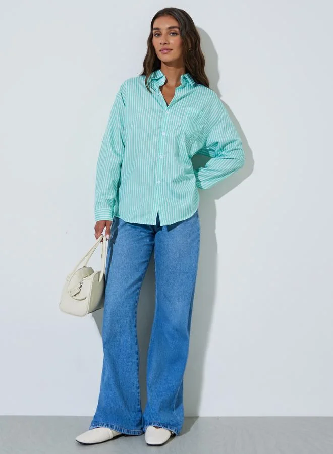 Styli Mint Green Striped Pocket Detail Oversized Shirt