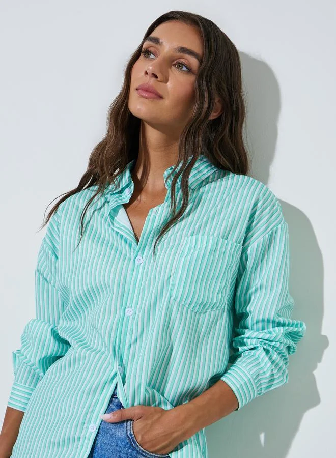 Styli Mint Green Striped Pocket Detail Oversized Shirt
