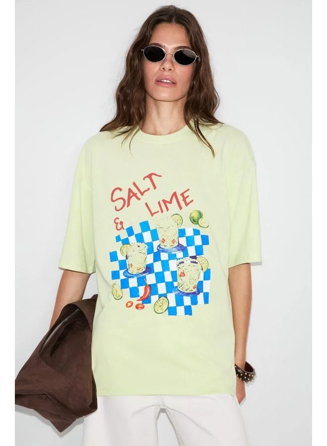 GRIMELANGE NITZA Women's 100% Cotton Oversized Boat Neck Mint Green T-Shirt.