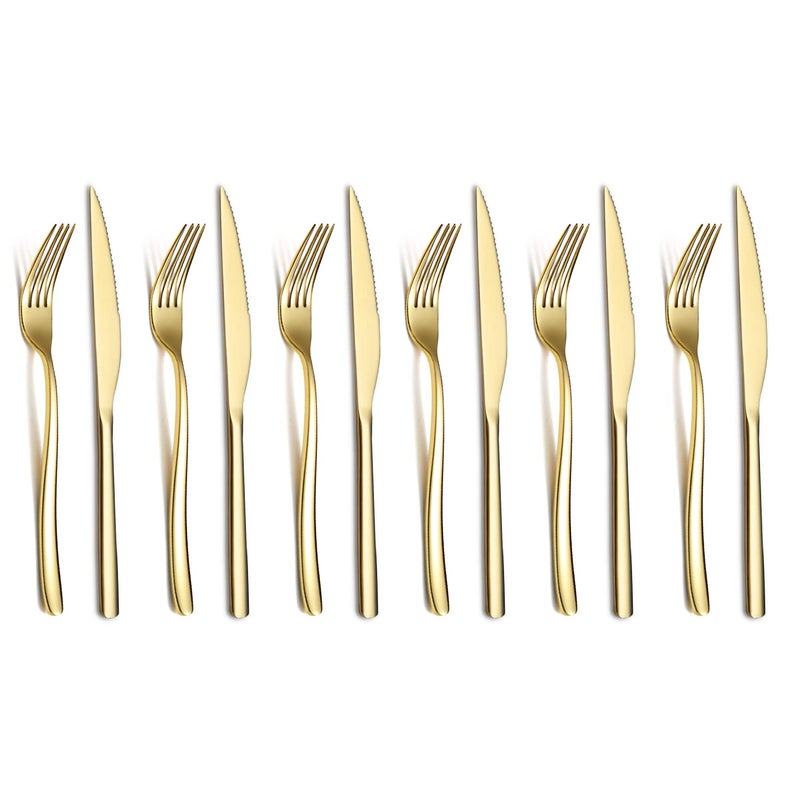HOMQUEN Gold Steak Knives Set 12 Piece Premium Stainless Steel 6 Dinner Forks and 6 Dinner Knives Set Steak Knives Steak Forks for 6 Person Dishwasher Safe Shiny Gold 