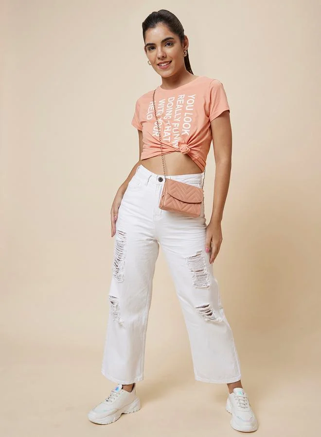 جلو باص Globus Slogan Print Round Neck Cotton Boxy Fit T-Shirt