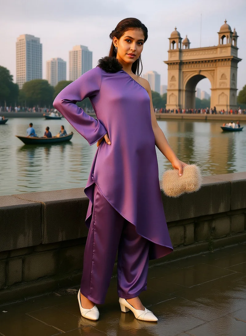 QISSA Women's Amethyst Purple Asymmetrical Flora Co-Ord Set For Ethnic Wear | One-Shoulder Neck, Long Regular Sleeves | Solid Plain Fabric | 2 Piece Co-Ords Designed For Evening & Party Wear