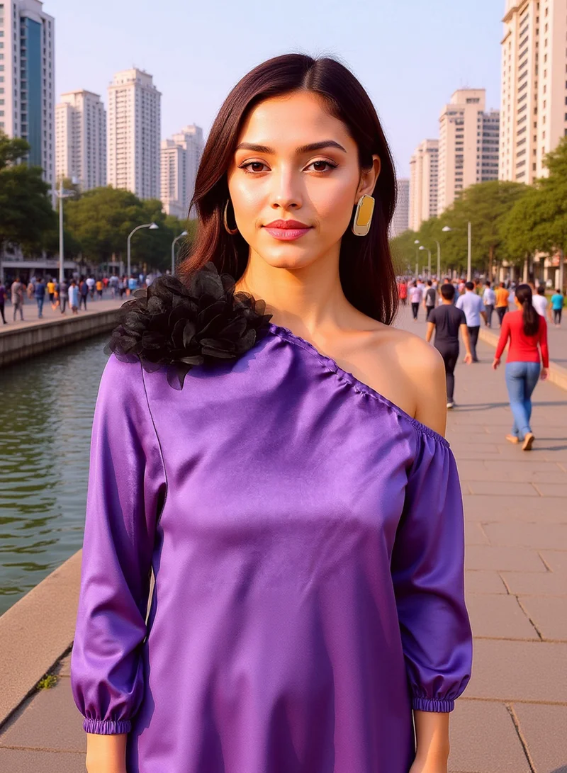 QISSA Women's Amethyst Purple Asymmetrical Flora Co-Ord Set For Ethnic Wear | One-Shoulder Neck, Long Regular Sleeves | Solid Plain Fabric | 2 Piece Co-Ords Designed For Evening & Party Wear