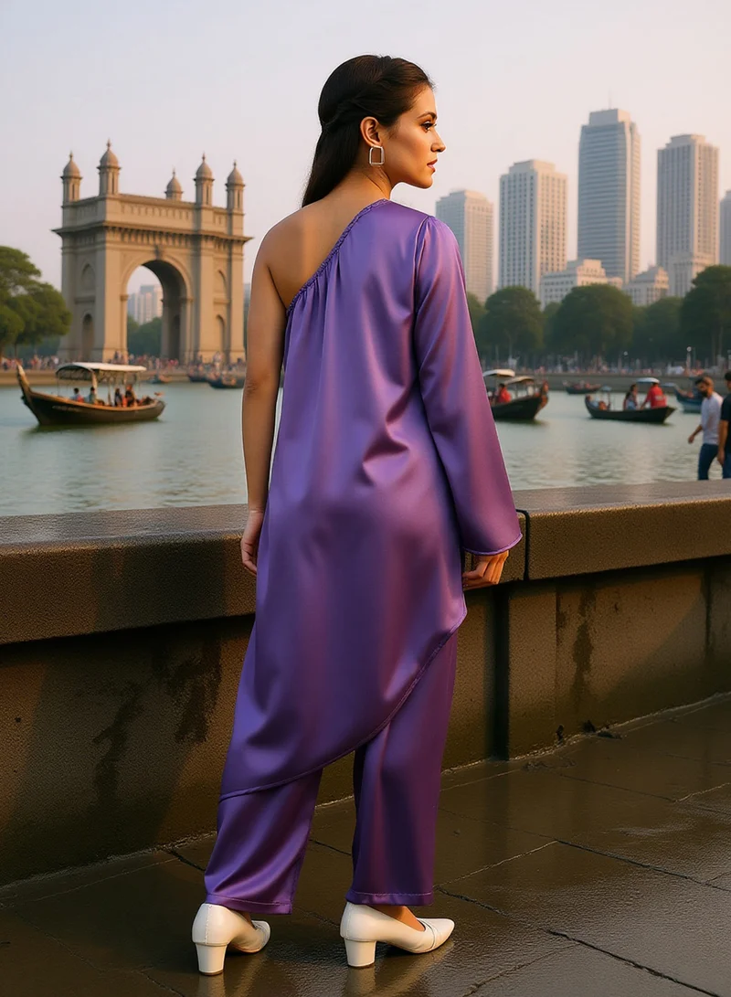 QISSA Women's Amethyst Purple Asymmetrical Flora Co-Ord Set For Ethnic Wear | One-Shoulder Neck, Long Regular Sleeves | Solid Plain Fabric | 2 Piece Co-Ords Designed For Evening & Party Wear