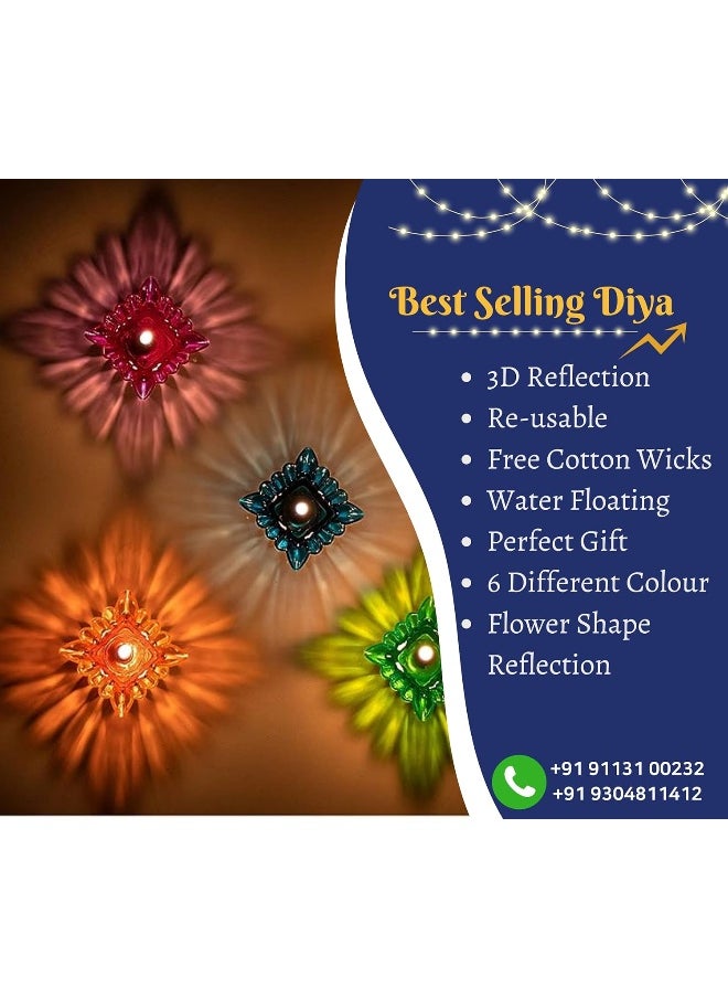 Indian Karigar 12 Pieces  Diwali Diyas Colourful 3D Reflection Diya For Diwali Decor Flower Shape Shadow Reflective Diyas For Diwali Decoration Items For Home Decor Reusable Diwali Light Multicolour  - Image 4