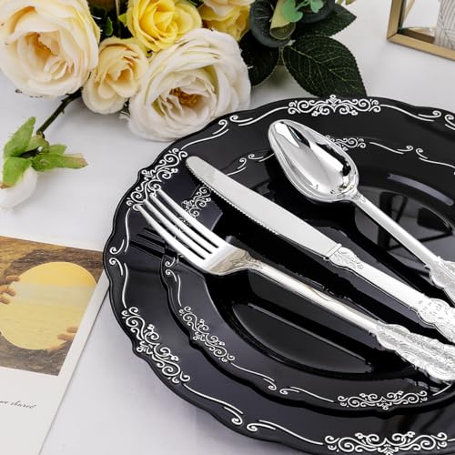 DaYammi 150 Pcs Black Silver Plastic Plates & Silver Plastic Silverware,Black silver Disposable plates for Include 30 Dinner Plate,30 Dessert Plate,30 Knives,30 Forks,30 Spoons for New Year Party - Image 2
