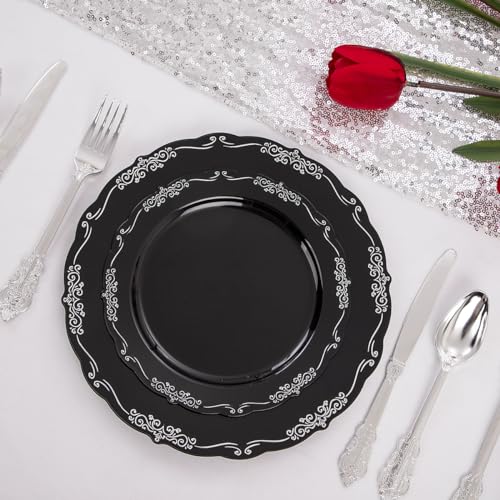 DaYammi 150 Pcs Black Silver Plastic Plates & Silver Plastic Silverware,Black silver Disposable plates for Include 30 Dinner Plate,30 Dessert Plate,30 Knives,30 Forks,30 Spoons for New Year Party - Image 4