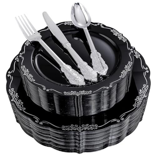 DaYammi 150 Pcs Black Silver Plastic Plates & Silver Plastic Silverware,Black silver Disposable plates for Include 30 Dinner Plate,30 Dessert Plate,30 Knives,30 Forks,30 Spoons for New Year Party - Image 1