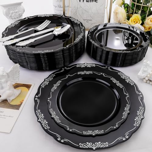 DaYammi 150 Pcs Black Silver Plastic Plates & Silver Plastic Silverware,Black silver Disposable plates for Include 30 Dinner Plate,30 Dessert Plate,30 Knives,30 Forks,30 Spoons for New Year Party - Image 3