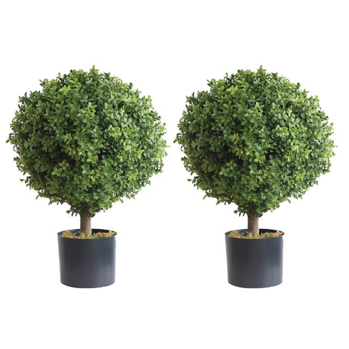 TWO 2 FOOT OUTDOOR ARTIFICIAL BOXWOOD BALL TOPIARY BUSHES POTTED PLANTS 16 INCHES WIDE BY BAGARI