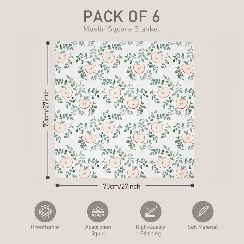 6 Pack Cotton Muslin Swaddle Blankets - Apple Paradise - Image 4