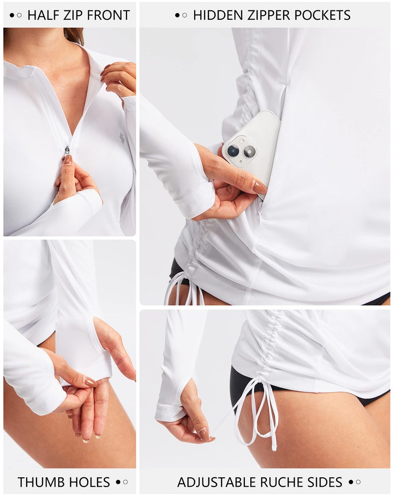 Soothfeel Women's Long Sleeve UV Sun Protection Rash Guard Shirts UPF 50+ Swim Shirt Swimsuits Top for Women with Zip Pockets White - Image 4