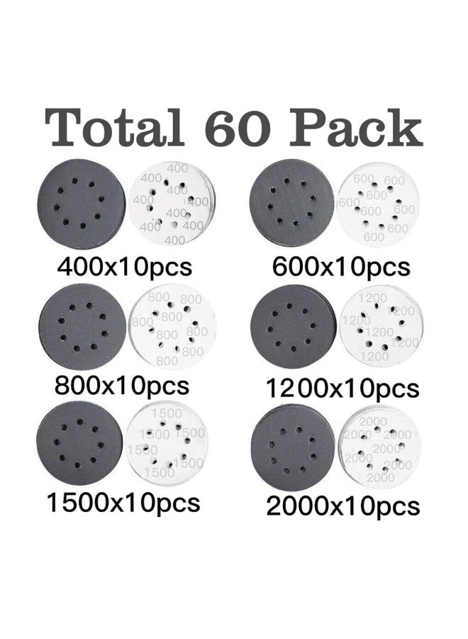 60Pcs 5 Inch 8 Holes Sanding Discs, Hook Loop Silicon Carbide Sandpaper Mixed Grit 400-2000 Wet Dry Polishing Pad for Wood Car Grinding - Image 2