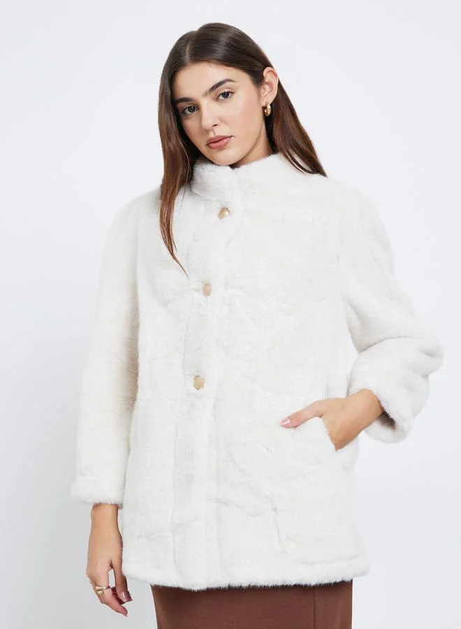 Styli Off White Faux Fur Longline Coat