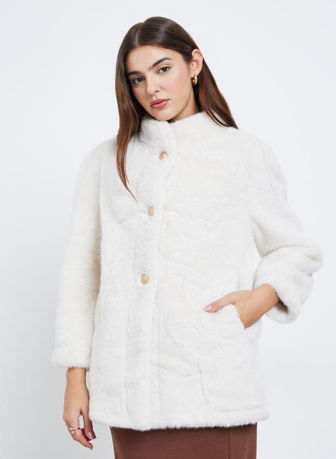 Styli Off White Faux Fur Longline Coat - Image 3