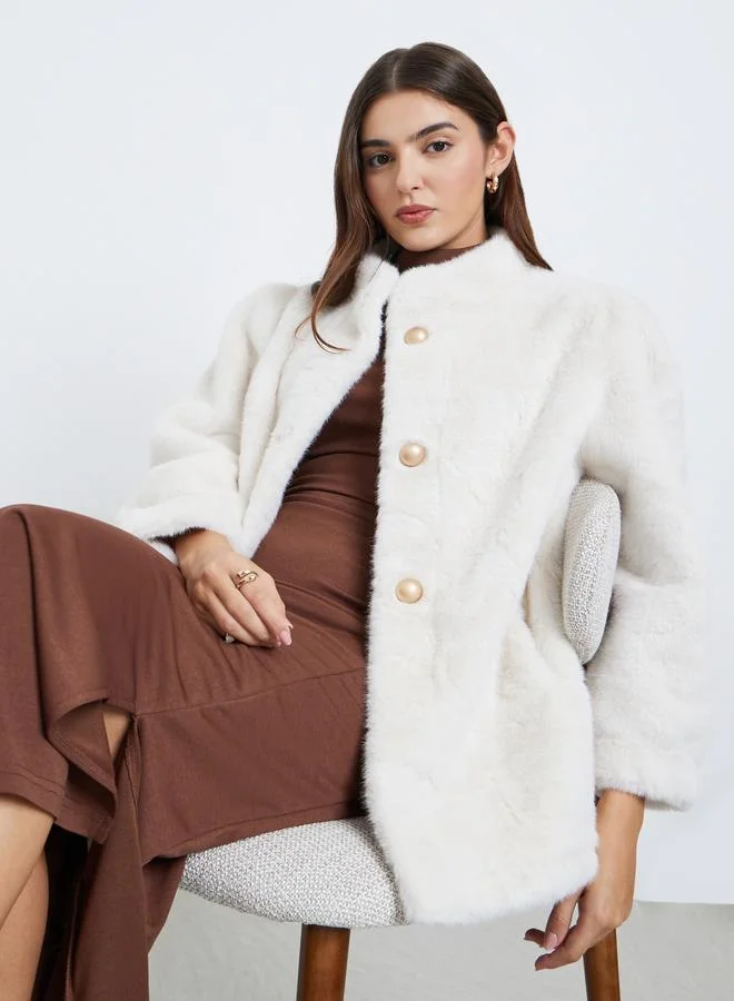Styli Off White Faux Fur Longline Coat