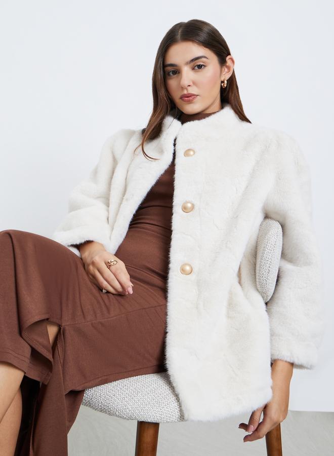 Styli Off White Faux Fur Longline Coat - Image 1