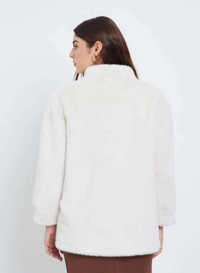 Styli Off White Faux Fur Longline Coat